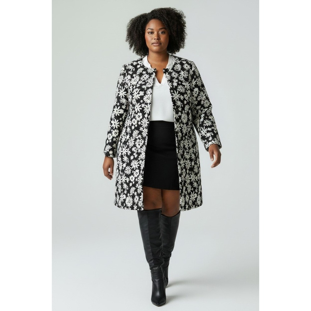 Talbots Topper Coat Womens 14W Black White Excellent Daisy Floral Jacquard 3/4